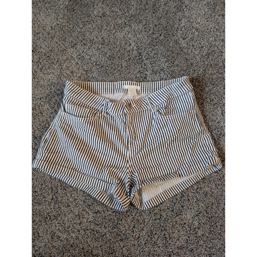 HM Striped Denim Shorts Black White Cuffed Mini Size 4 Vertical Stripe‎ Casual